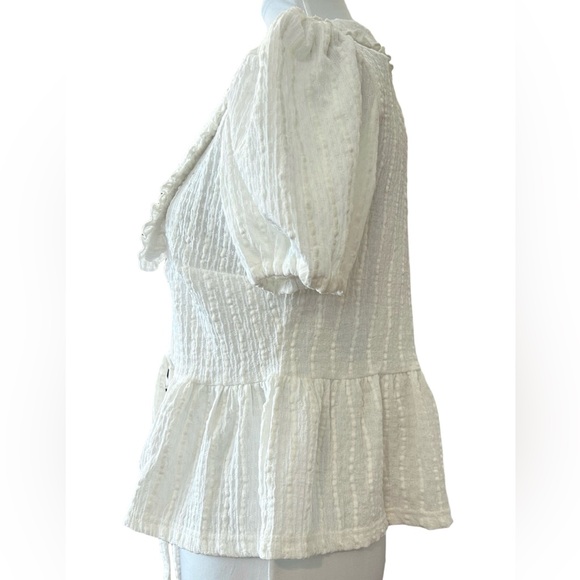TAES Cottagecore Romantic White Peplum Blouse Peter Pan Collar Tie Front Small - Picture 3 of 10